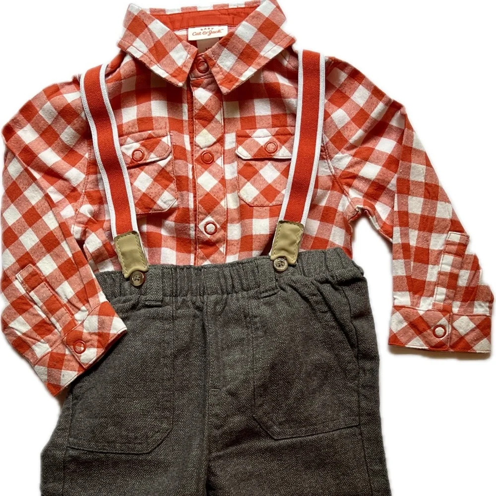 Cat & Jack Boys 12M Outfit Gingham Plaid Bodysuit Herringbone Bottoms Suspenders